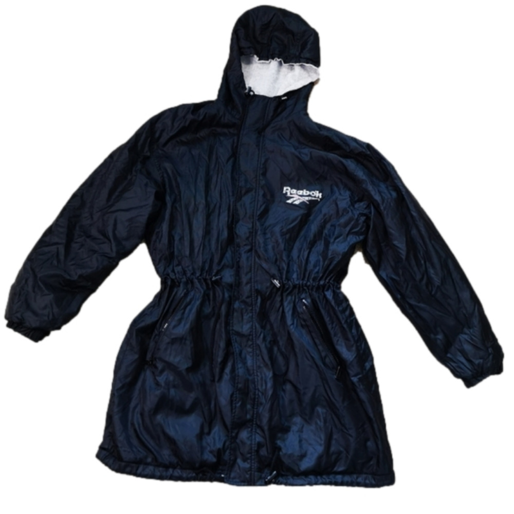 REEBOK Oversized Black Hooded Windbreaker Rain Jacket Grey Fleece Lining